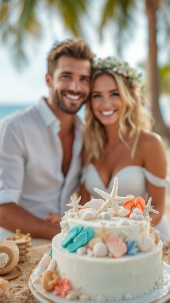 A beach-themed wedding cake adorned with seashells and flip-flops