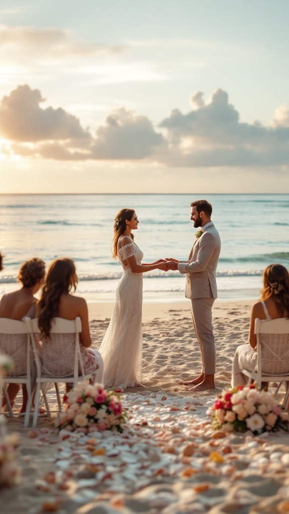 A couple exchanging vows on a beach at sunset with guests seated nearby.