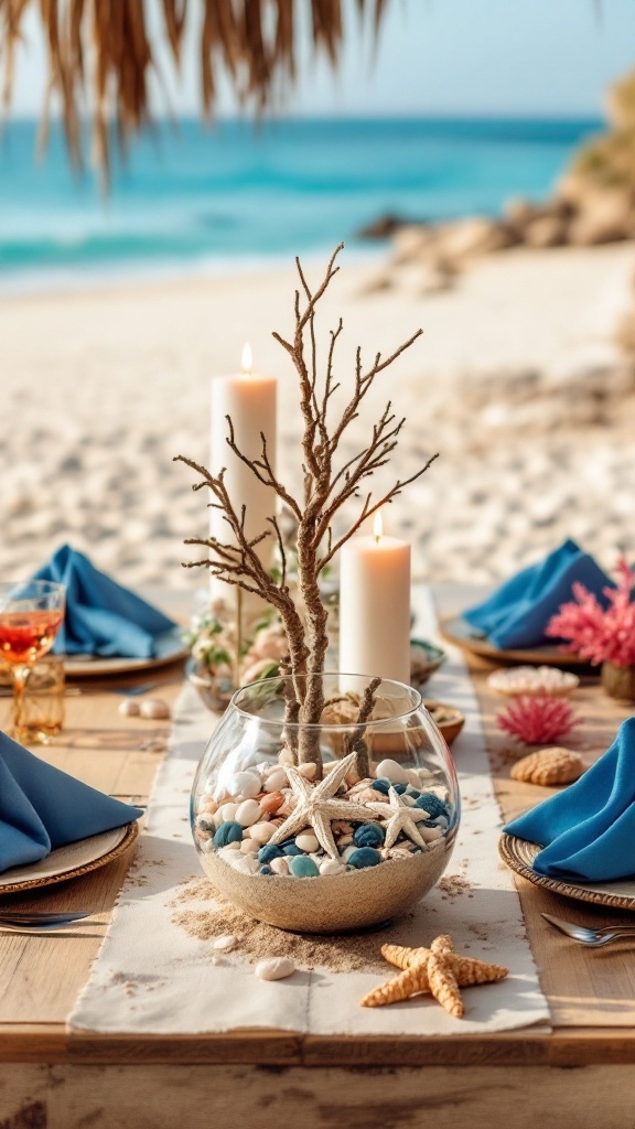 A beach-themed wedding centerpiece featuring a glass bowl with sand, seashells, and candles.