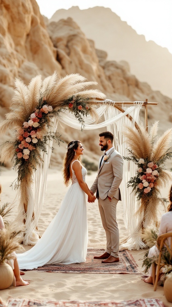 A couple standing under a floral arch in a desert setting, exchanging vows during a bohemian wedding ceremony.