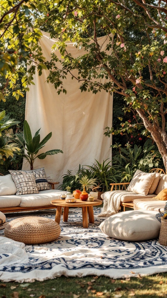A cozy bohemian picnic setup featuring cushions, a low table, and greenery.