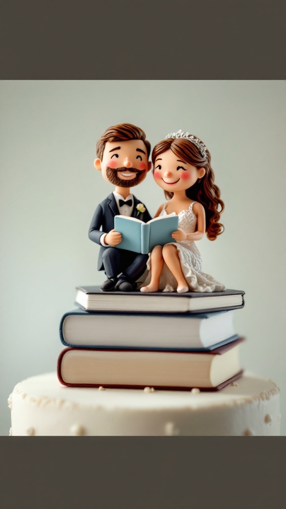 A wedding cake topper depicting a couple reading a book while sitting on a stack of books.