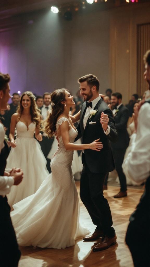 Bridal party dancing joyfully at a wedding reception.