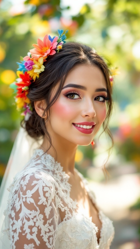 A bride with a bright makeup look, featuring colorful flowers in her hair, smiling at the camera.