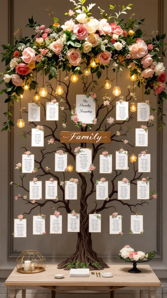 A beautifully arranged family tree seating chart with flowers and lights