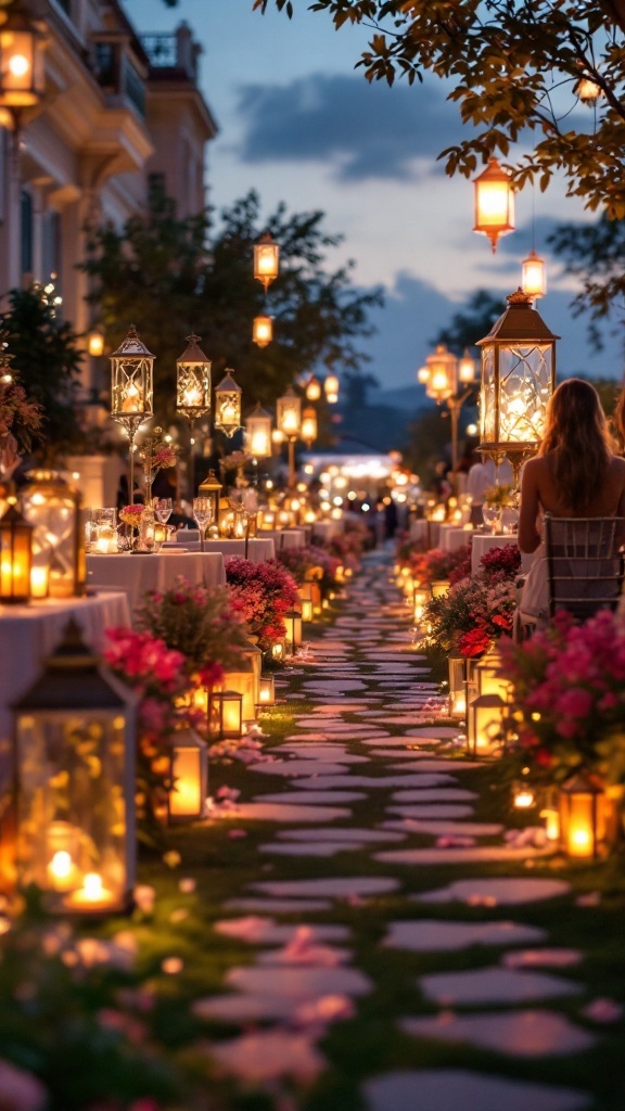 A romantic outdoor wedding scene with lanterns lining a path, surrounded by flowers.