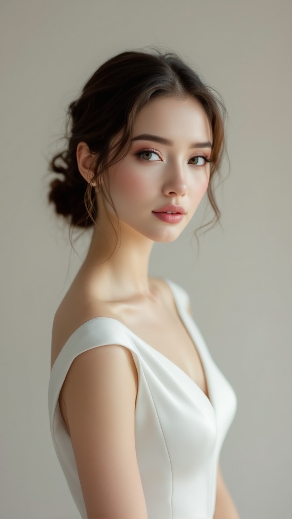 A bride with chic minimalist wedding makeup, featuring soft tones and a natural look.