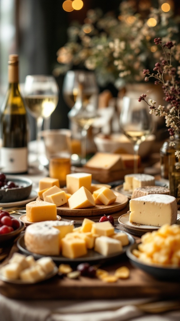 A beautifully arranged wine and cheese pairing station with various cheeses and wine glasses