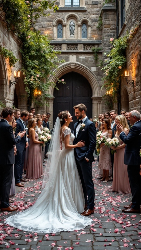A couple stands in a church courtyard during their wedding ceremony, surrounded by guests and flower petals.