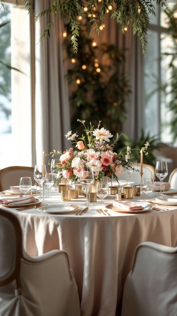 Elegant circular wedding table with floral centerpiece and soft lighting.
