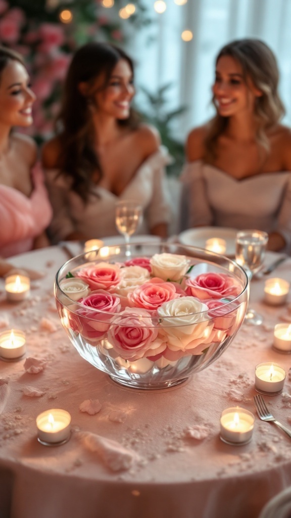 A beautiful rose bowl centerpiece with pink and white roses surrounded by candles on a wedding table.