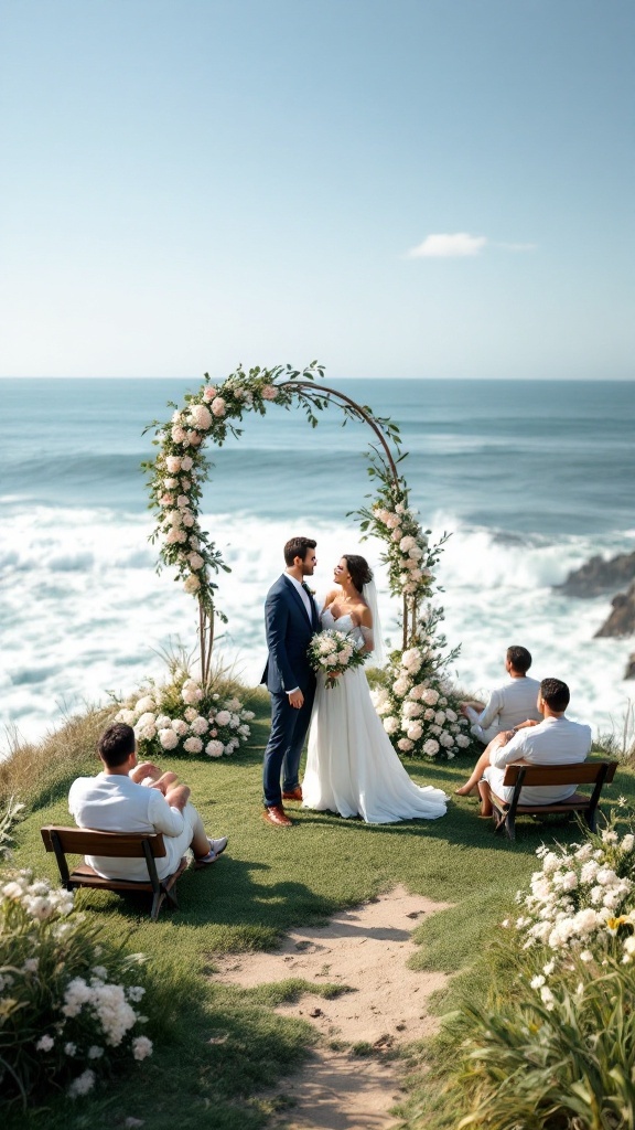 Couple exchanging vows at a cliffside ocean wedding with floral arch and guests seated nearby.
