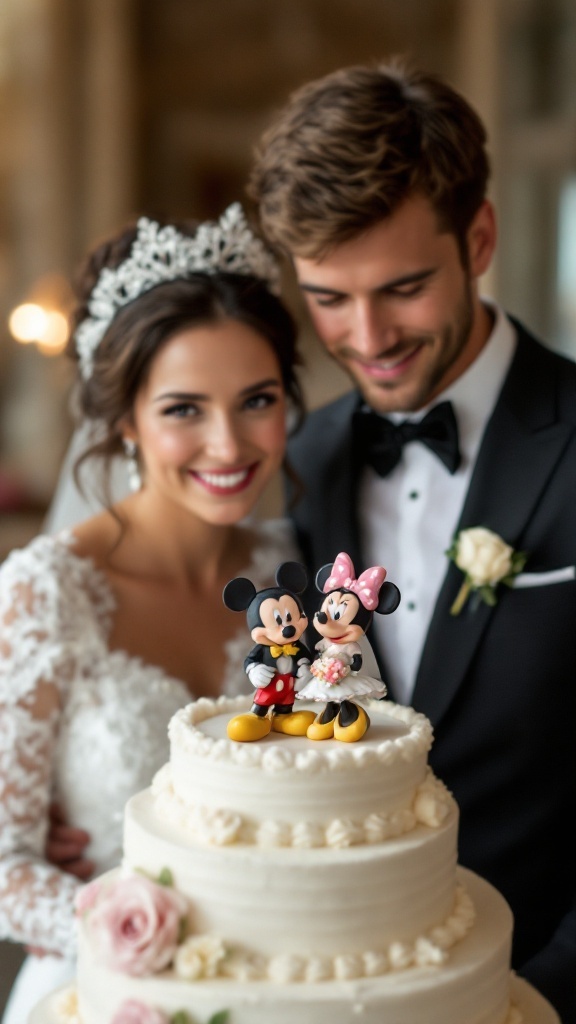 Disney-inspired wedding cake topper featuring Mickey and Minnie Mouse