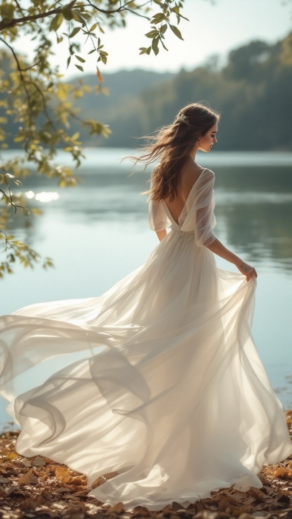A woman in a layered chiffon wedding dress standing by a serene lake, with flowing hair and a picturesque backdrop.