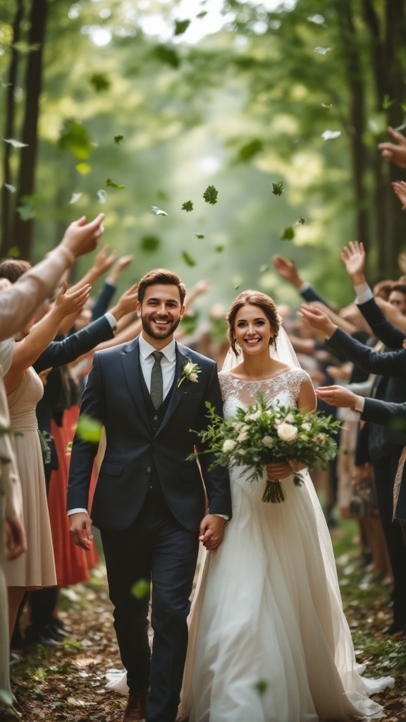A couple walking down an aisle as guests toss leaves in the air.