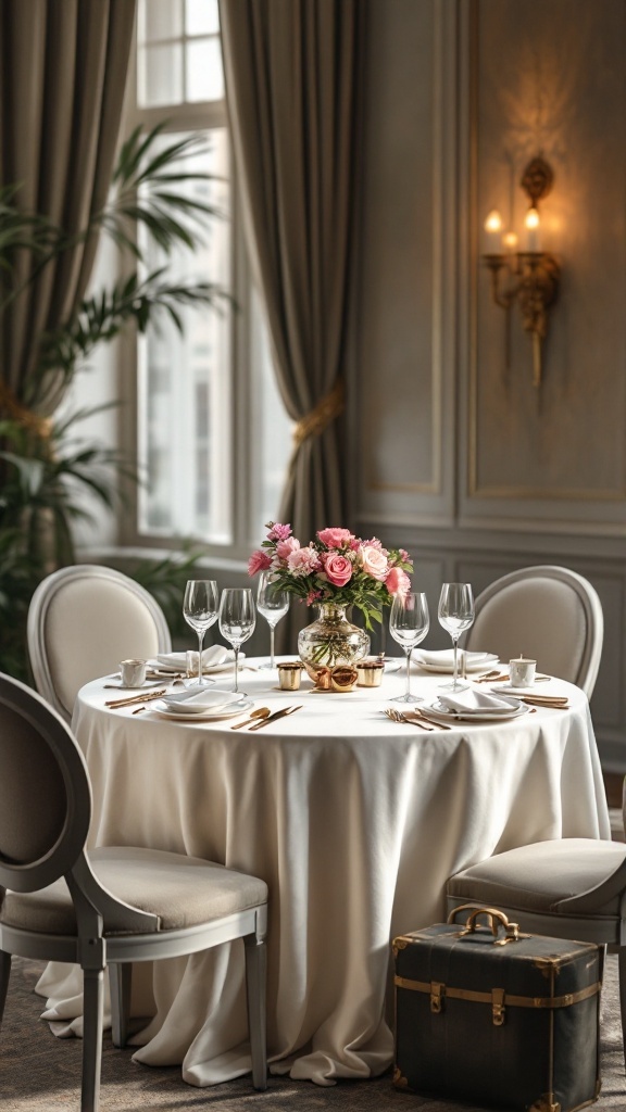 A beautifully set round table with a white linen tablecloth, floral centerpiece, and elegant glassware.