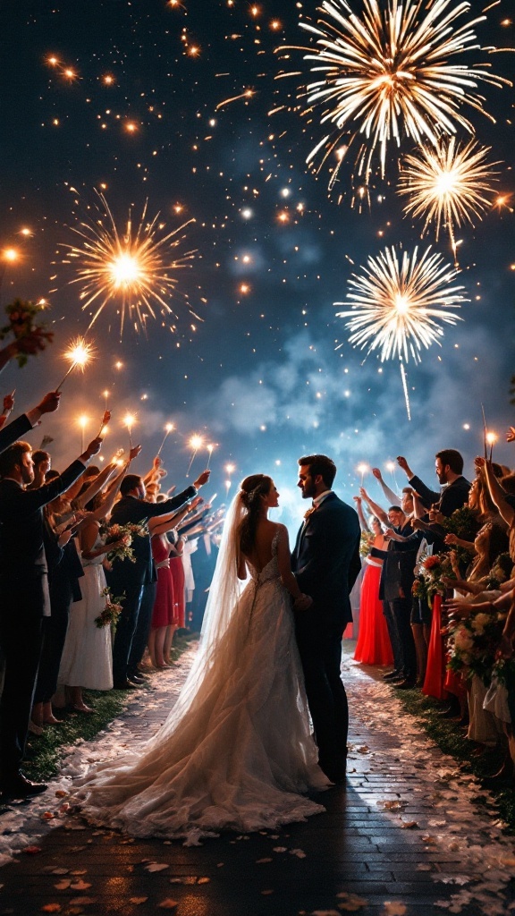 Couple surrounded by guests holding sparklers as fireworks light up the night sky.