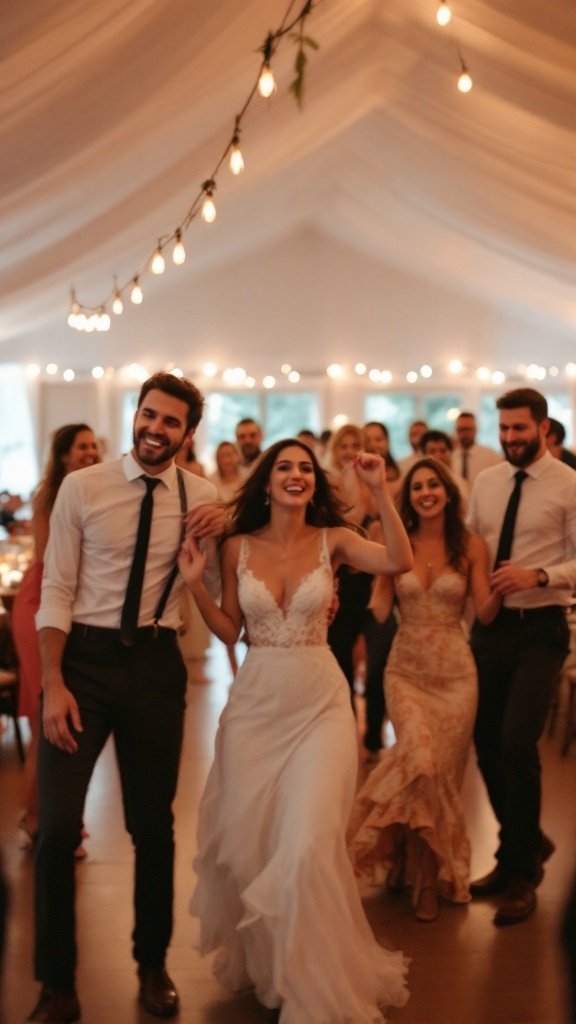 Guests dancing joyfully at a wedding reception entrance