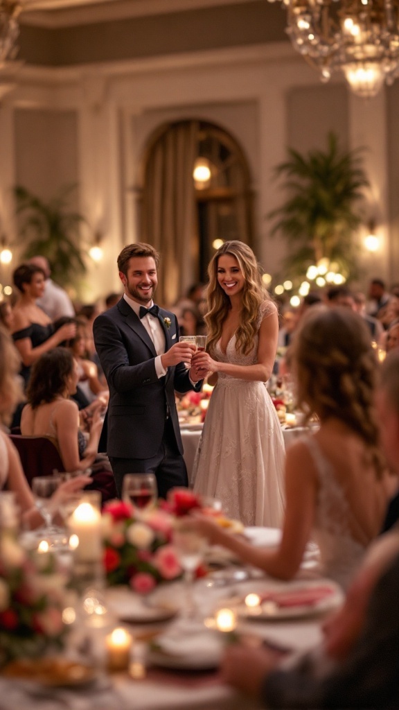A couple smiling and holding glasses during a wedding toast at a beautifully decorated reception.