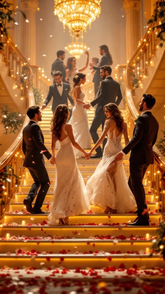Wedding flash mob dance on a grand staircase with couples and guests.
