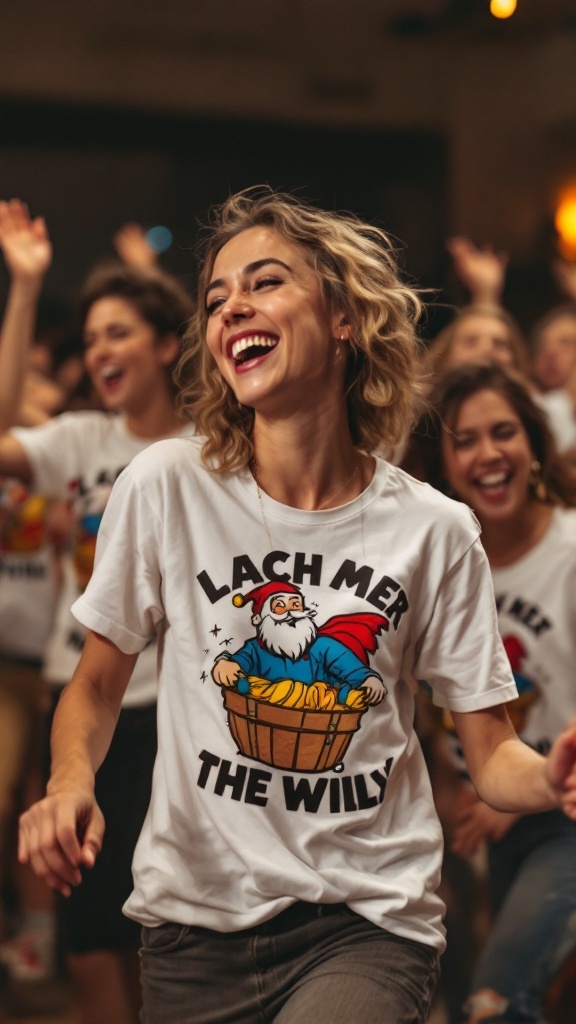 People in matching outfits dancing joyfully during a flash mob