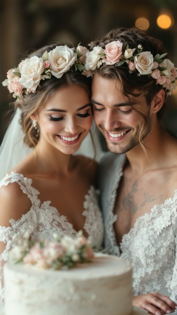 A couple smiling together with a floral wreath cake topper on their wedding cake.