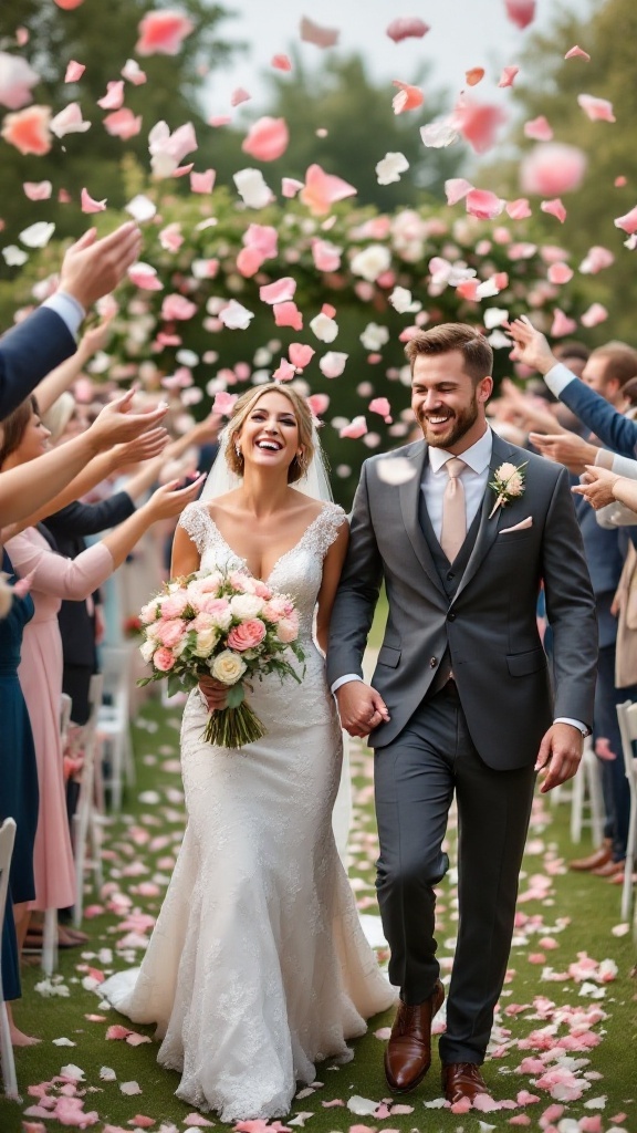 A wedding couple walking through a tunnel of flower petals being tossed by guests.