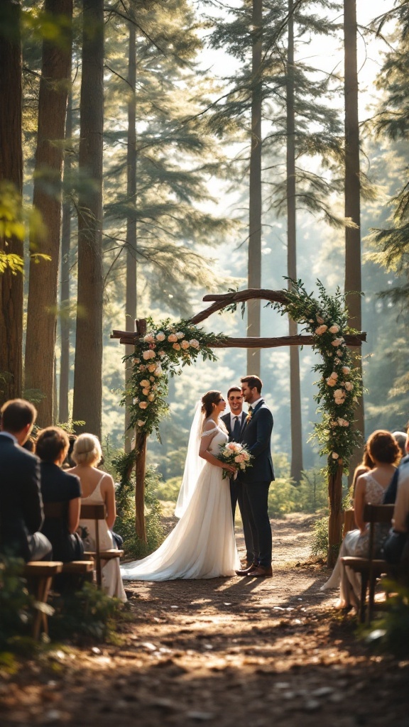 Couple exchanging vows under a floral arch in a forest setting