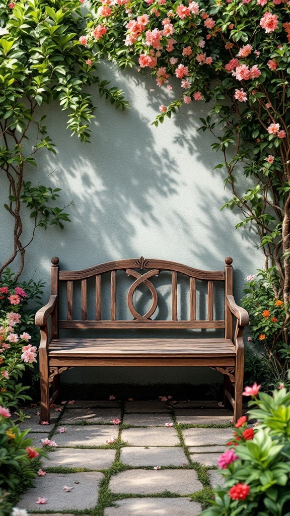 A wooden garden bench surrounded by blooming flowers and greenery.