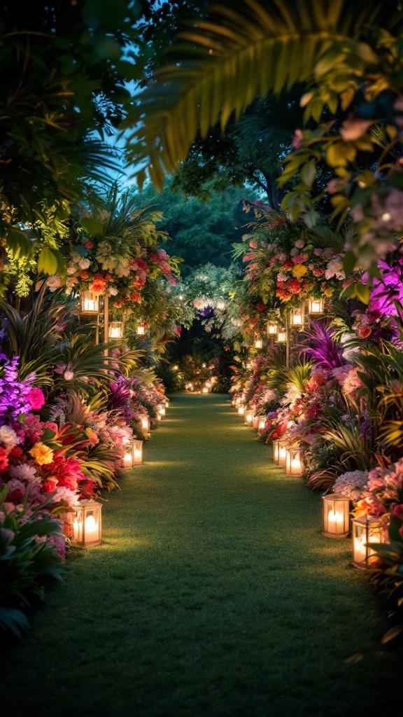 A beautifully lit garden path surrounded by flowers and lanterns, creating an enchanting atmosphere.