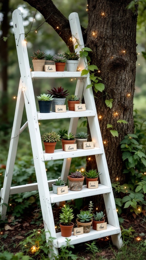 A charming garden ladder display with potted plants and twinkle lights.