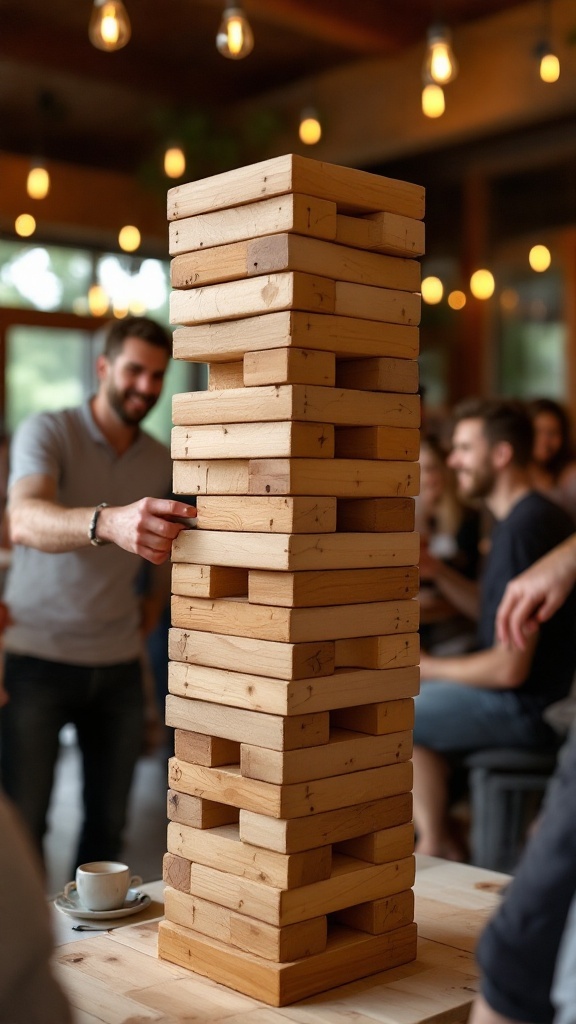 A tall stack of wooden blocks for Giant Jenga, with guests in a cozy setting enjoying the game.