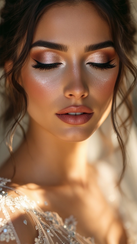 A close-up of a bride showcasing stunning metallic eye makeup with glistening highlights.