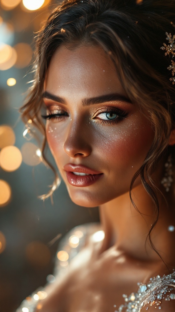 A close-up of a bride showcasing glittering makeup and a beautiful background.