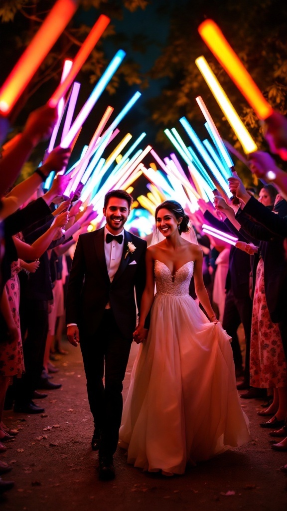 A couple joyfully walking through a tunnel of colorful glow sticks held by guests.