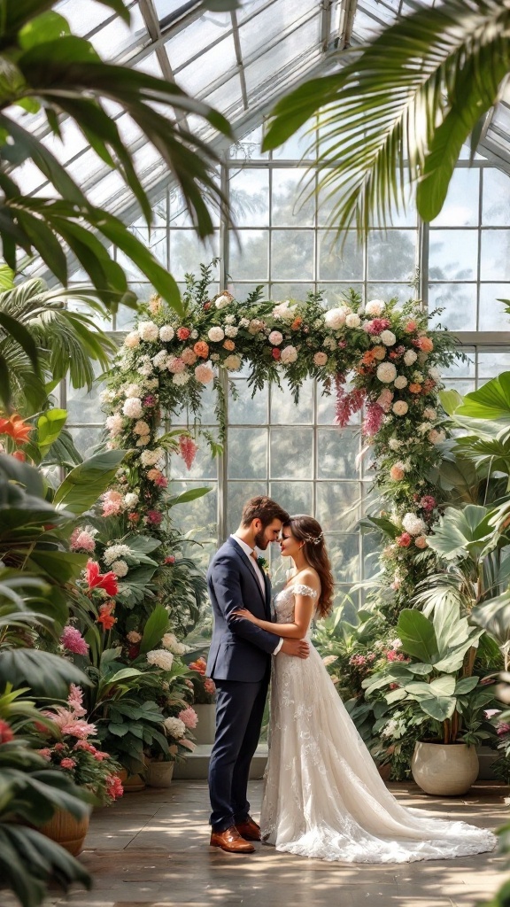 A couple in a greenhouse wedding, standing in front of a floral arch surrounded by lush greenery.