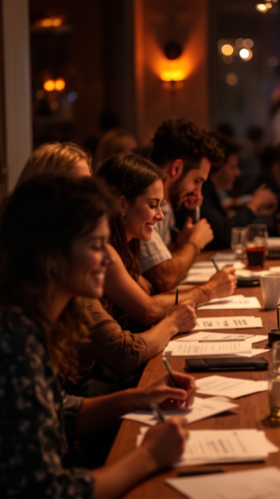 A group of people enjoying a fun game at a wedding reception, smiling and engaged in activity.