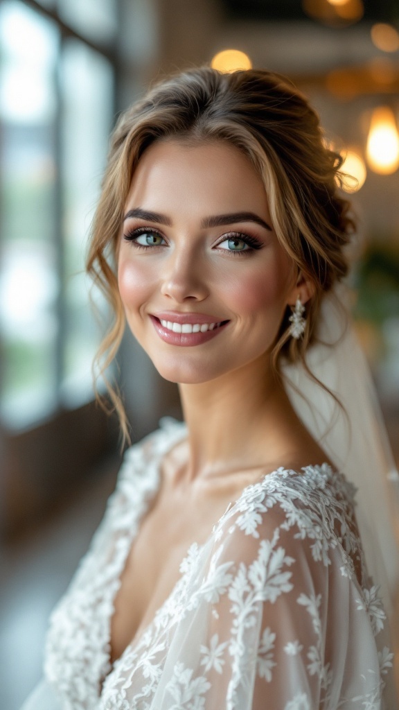 A bride showcasing high-definition makeup with radiant skin, soft hues, and a natural glow.