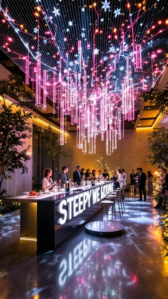 A stunning interactive light installation over a bar area filled with guests.