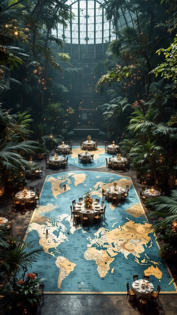 A beautifully arranged wedding setup featuring tables on a world map, surrounded by lush greenery.