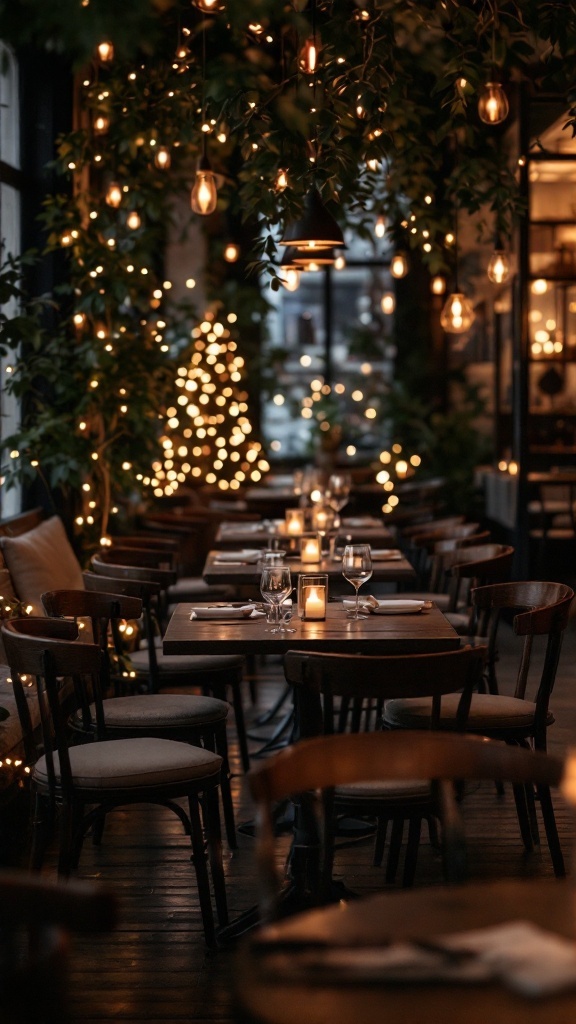 A cozy wedding setup with small tables, candles, and soft lighting.