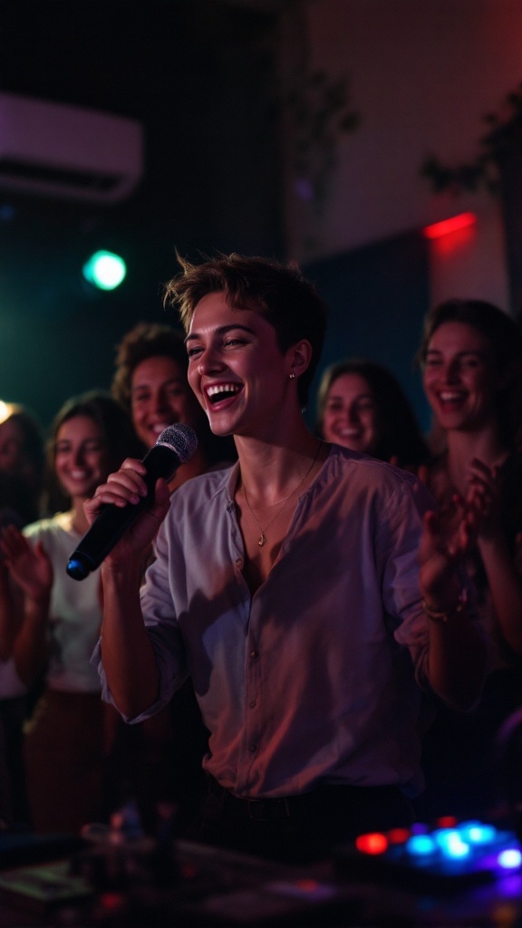 People enjoying karaoke at a wedding reception, with one person singing and others cheering.