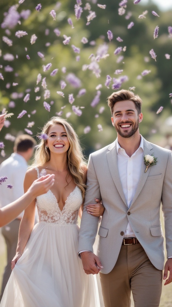 Couple walking together while guests toss lavender flowers