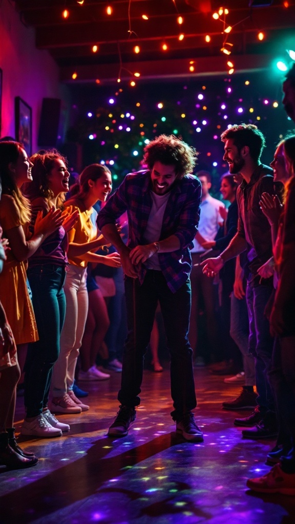 Guests playing limbo at a wedding reception with colorful lights in the background.