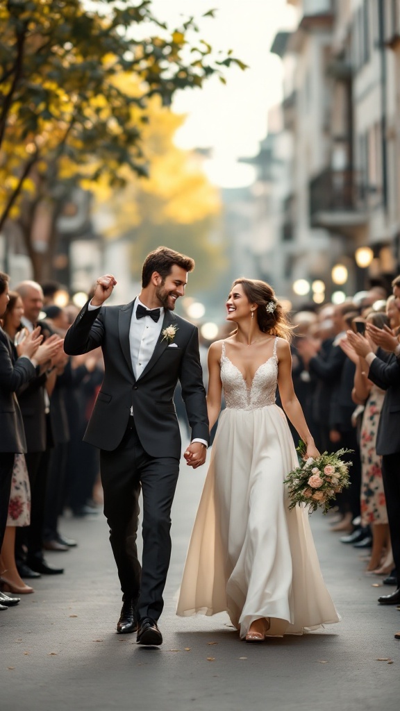 A couple joyfully walking hand in hand during their wedding exit, surrounded by guests and a live marching band.