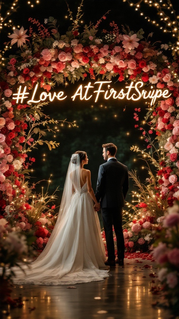 A couple holding hands under a floral arch with the hashtag #LoveAtFirstSwipe illuminated