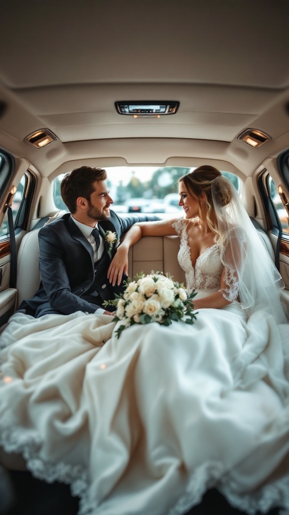 A bride and groom sitting in a luxury sedan, enjoying a moment together.