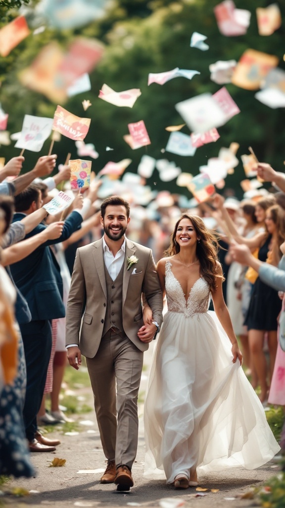 Couple walking through guests waving mini flags during wedding exit.
