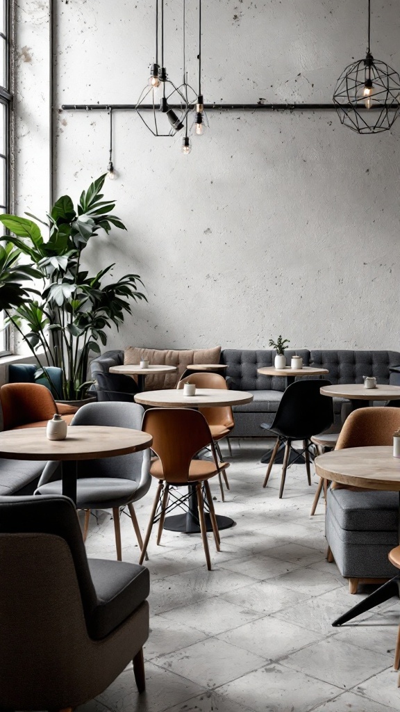 A modern seating arrangement in a stylish venue featuring a mix of chairs and sofas.