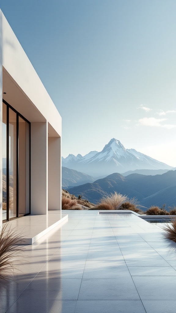 Modern chic mountain wedding venue with architectural features and a scenic view.